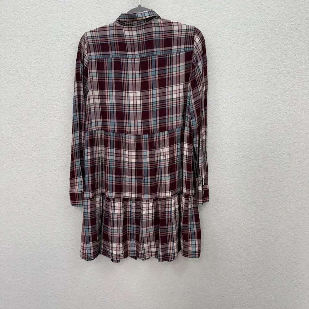 Loft Plaid Tiered Pocket Button Long Sleeve Shirt Dress 572043 Womens sz Medium - Picture 7 of 9